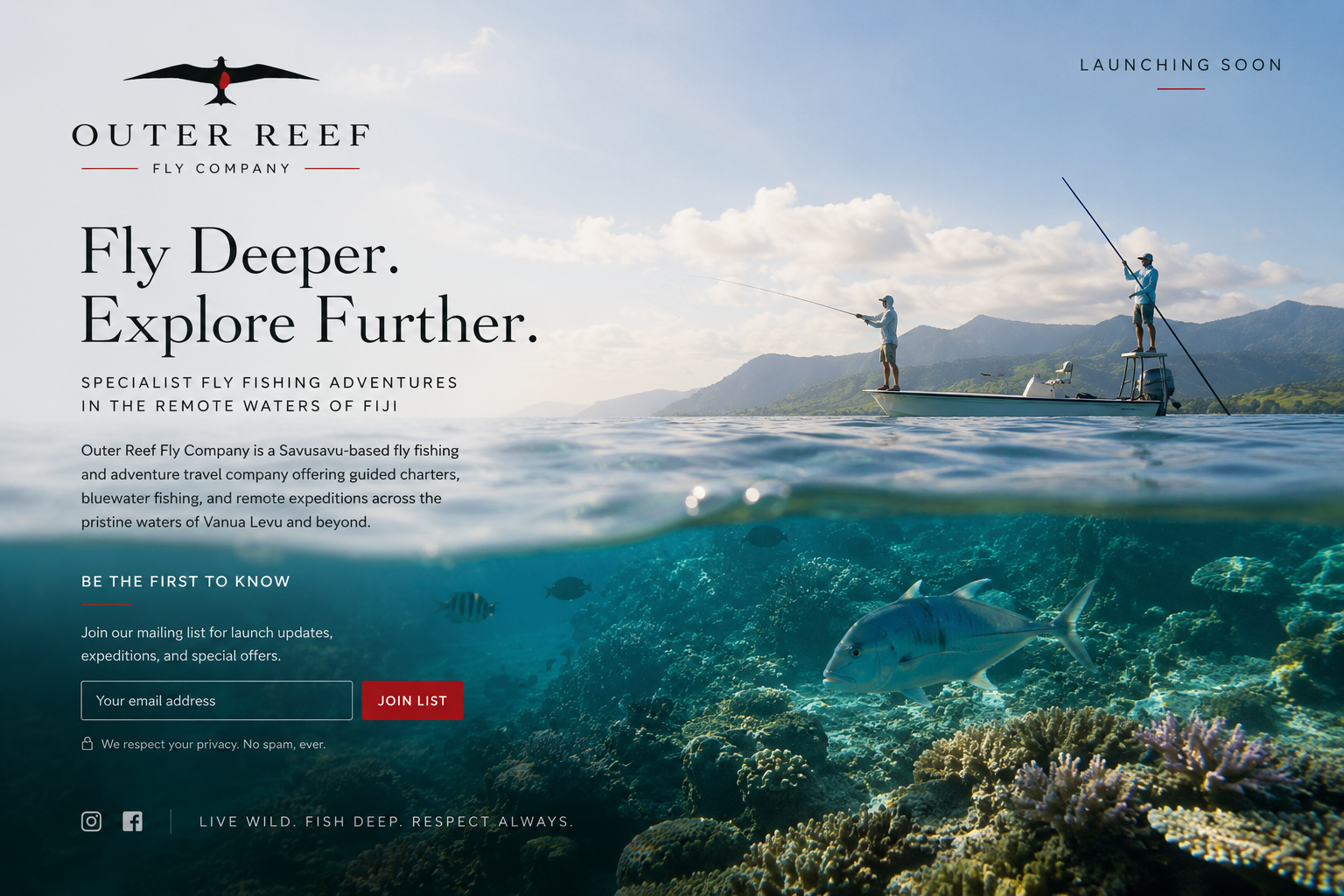 Outer Reef launch page showing Fiji reef waters, a poling skiff with a guide and fly angler, and coral reef fish below the surface.